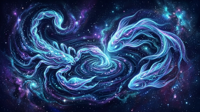 Cosmic scorpion and fish forms merging as luminous water currents for scorpio pisces astrology compatibility