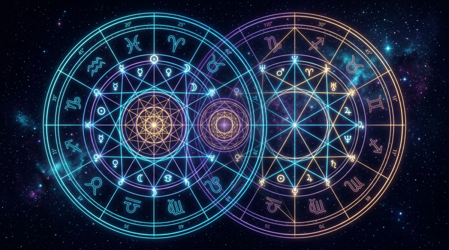 Overlapping zodiac wheels with key aspect lines connecting planets between two birth charts