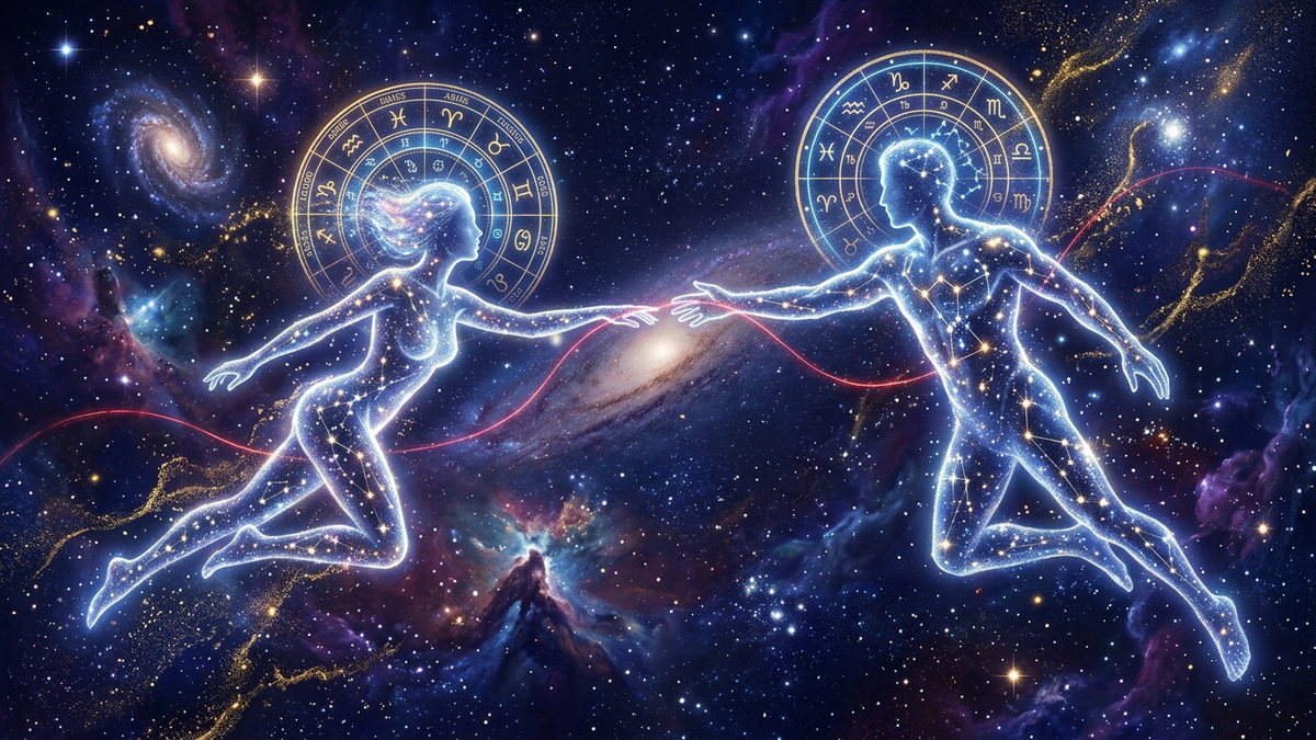 Soulmate compatibility by date of birth illustrated with two celestial figures connected by starlight and zodiac symbols