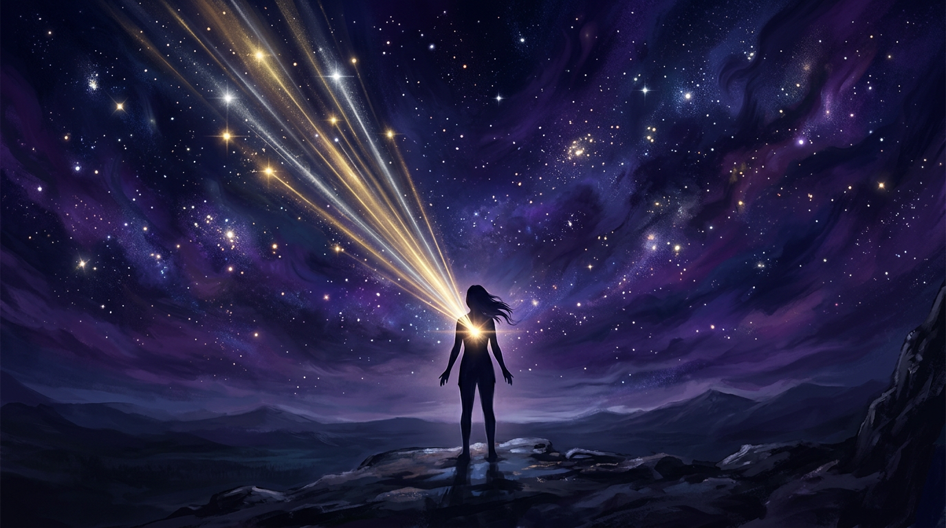 Silhouette figure with beams of starlight converging into them representing how a stellium concentrates planetary energy in personality