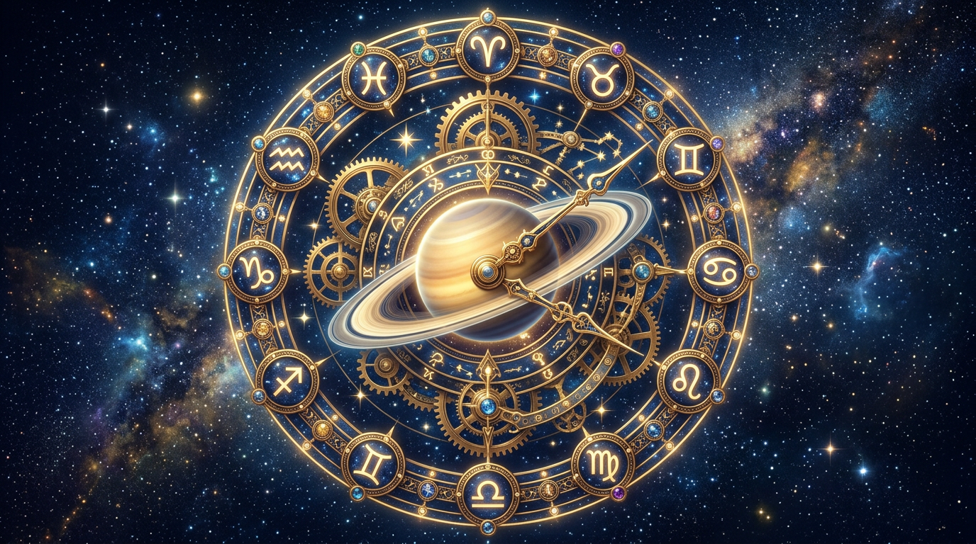 Cosmic clock mechanism with Saturn at center surrounded by zodiac symbols showing planetary transit timing