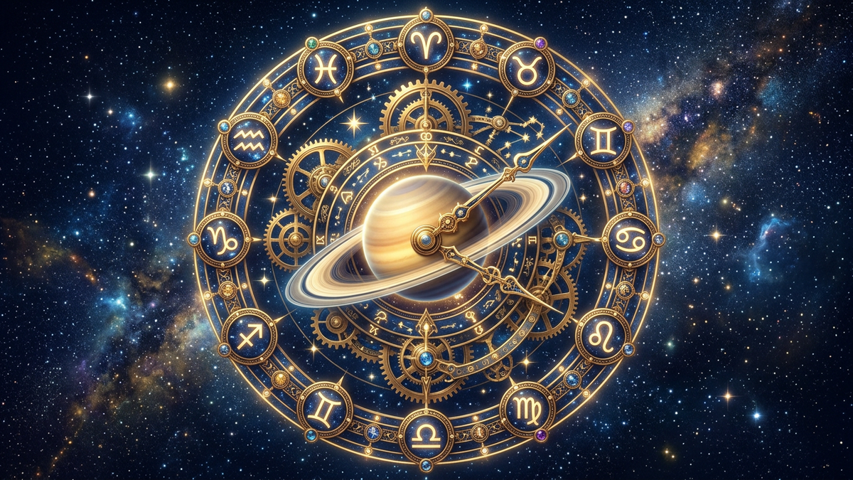 Cosmic clock mechanism with Saturn at center surrounded by zodiac symbols showing planetary transit timing
