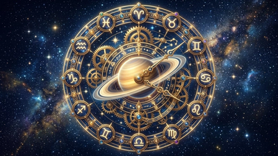Cosmic clock mechanism with Saturn at center surrounded by zodiac symbols showing planetary transit timing