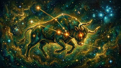 Taurus traits and personality — bull constellation in cosmic gold and green representing earth sign strength