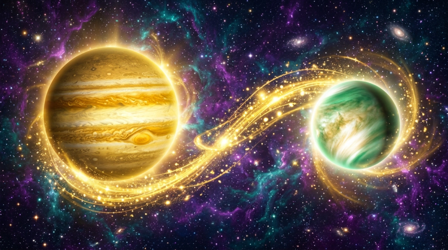 Jupiter Venus Saturn and Mercury planetary symbols with wealth and financial indicators in cosmic setting