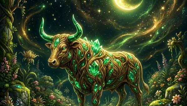 Taurus man personality illustration with Venus planet and bull constellation in emerald and gold cosmic garden setting