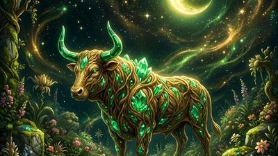 Taurus man personality illustration with Venus planet and bull constellation in emerald and gold cosmic garden setting