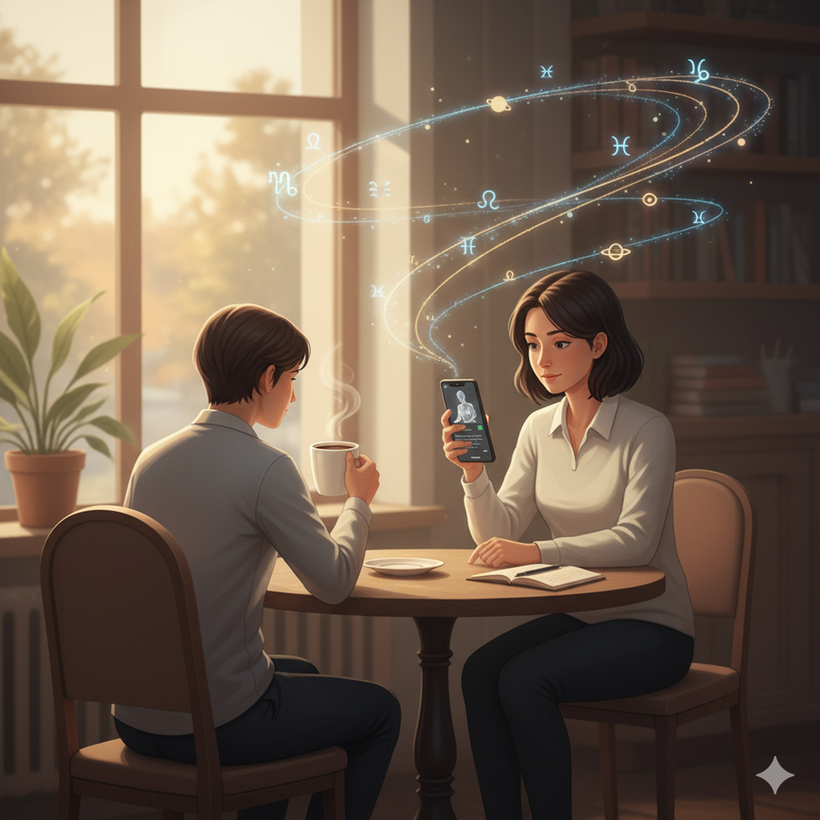 Человек читает астропрогноз на сегодня и консультируется с Nitya для личной интерпретации