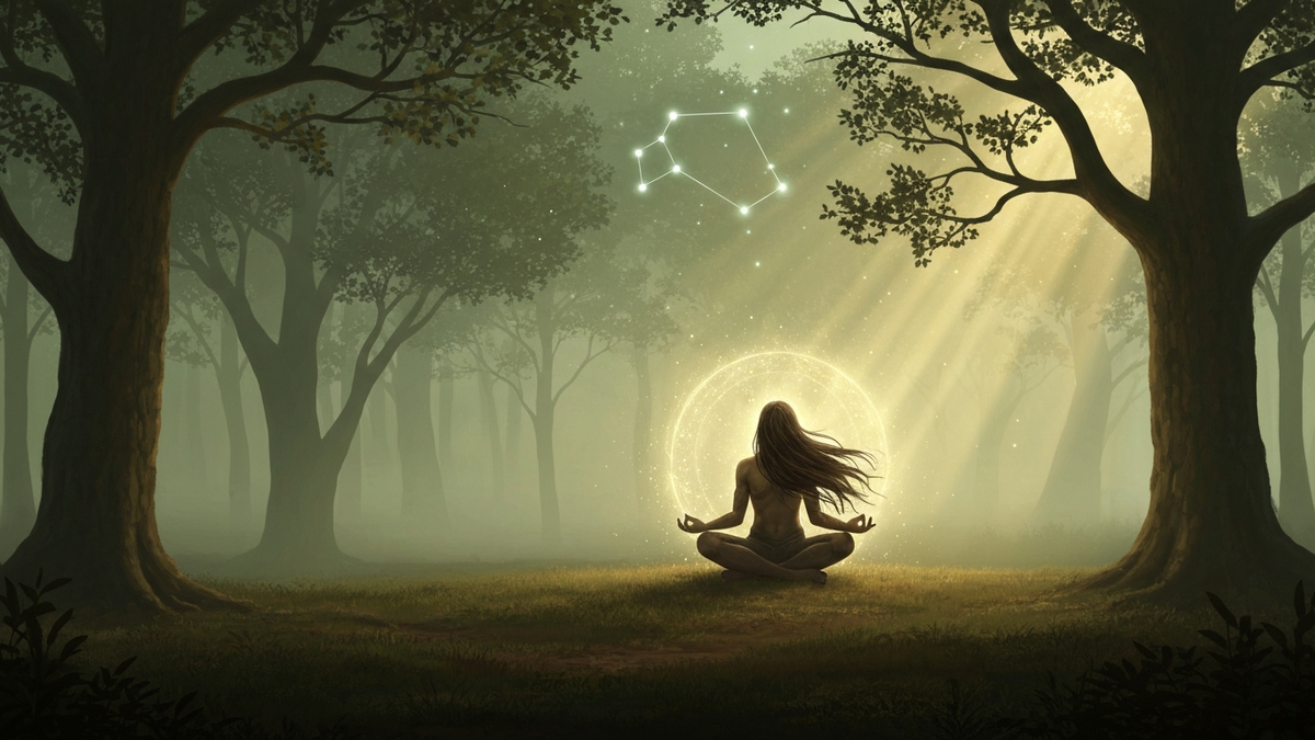 Virgo in 12th house astrology - ethereal woman meditating with Virgo constellation and wheat symbol in cosmic setting