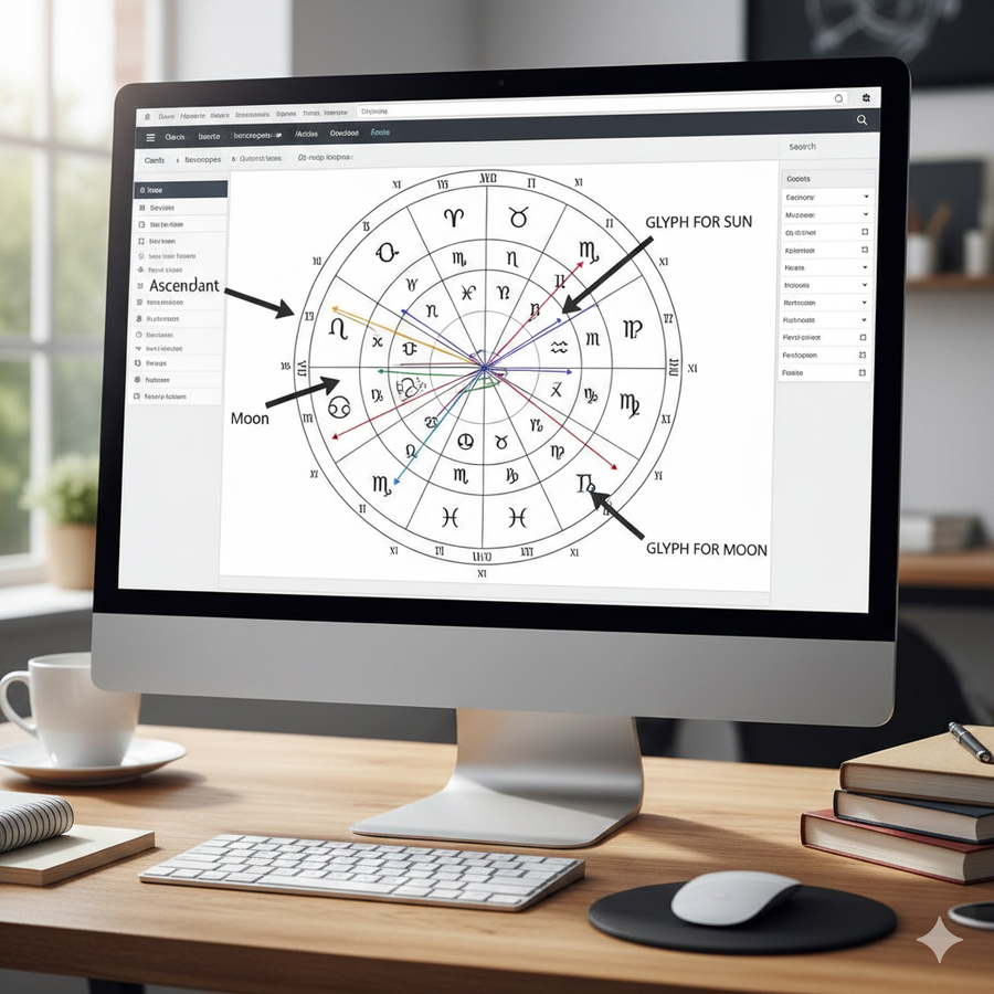 Интерфейс сайта astro.com с натальной картой и обозначениями основных элементов
