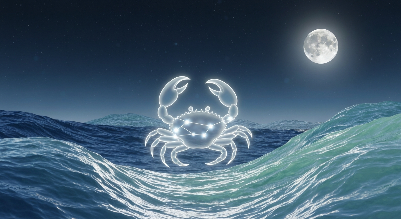 Cancer love horoscope with glowing crab constellation in silver moonlight and ocean waves