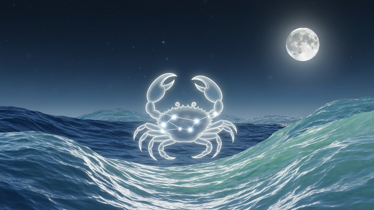 Cancer love horoscope with glowing crab constellation in silver moonlight and ocean waves