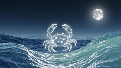 Cancer love horoscope with glowing crab constellation in silver moonlight and ocean waves