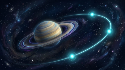 Saturn ringed planet with three luminous cyan light points marking the three exact passes of a saturn return survival guide cycle