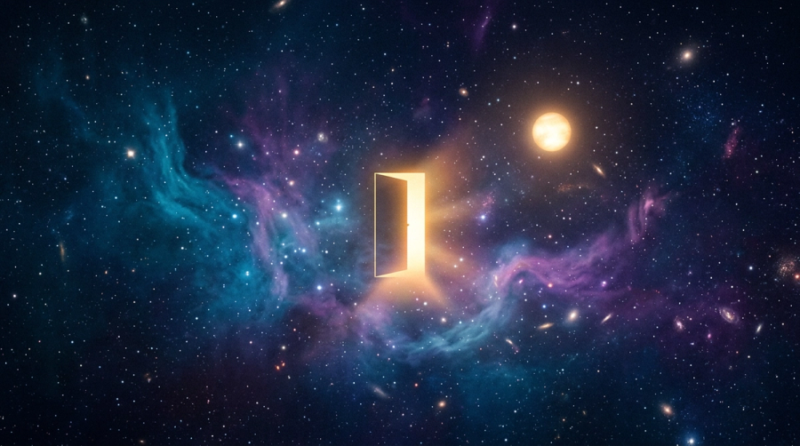A glowing doorway opening in a starry nebula sky symbolizing a future spouse arriving in your life