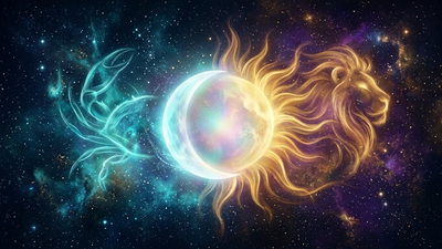 Cancer Leo cusp symbol with a crescent moon and radiant sun merging over a deep navy cosmic sky