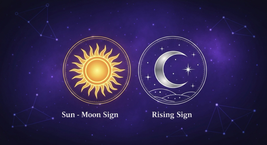 Sun Moon and Rising sign symbols representing the big three in your astrology birth chart profile