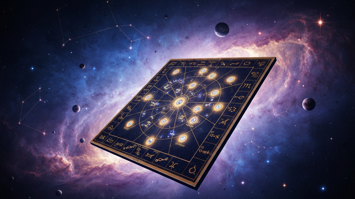 Vedic birth chart floating in cosmic space with zodiac constellations and planetary symbols in indigo purple and gold