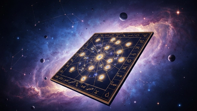Vedic birth chart floating in cosmic space with zodiac constellations and planetary symbols in indigo purple and gold