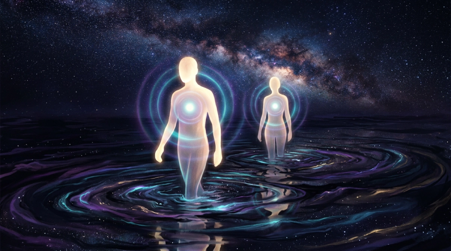 Two luminous figures wading in the same dark cosmic waters representing the depth a Scorpio soulmate must be willing to enter