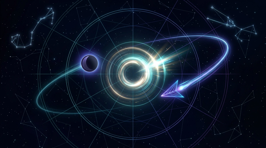 A dark moon symbol and a nodal arrow converging on one orbit representing destiny meeting the shadow self