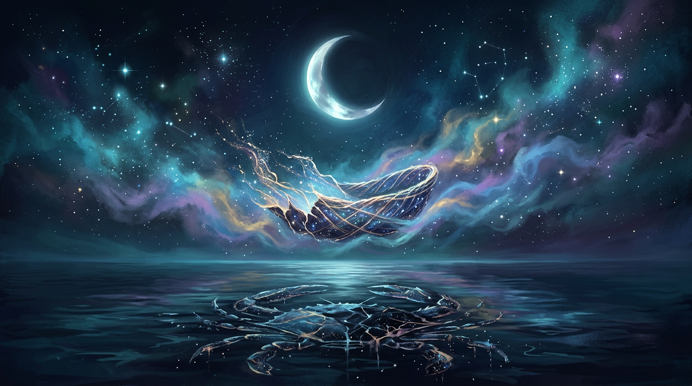 Lone moonlit shore beneath a cosmic Cancer crab constellation representing chiron in cancer mother wound