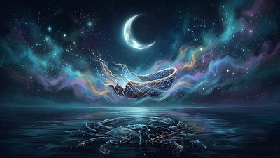 Lone moonlit shore beneath a cosmic Cancer crab constellation representing chiron in cancer mother wound