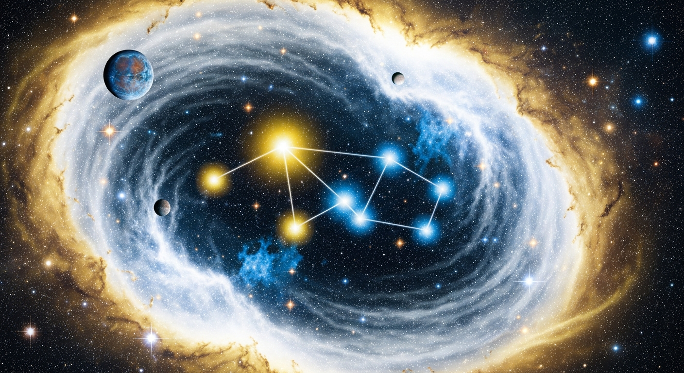 Gemini love horoscope with glowing twins constellation in gold and electric blue cosmic scene