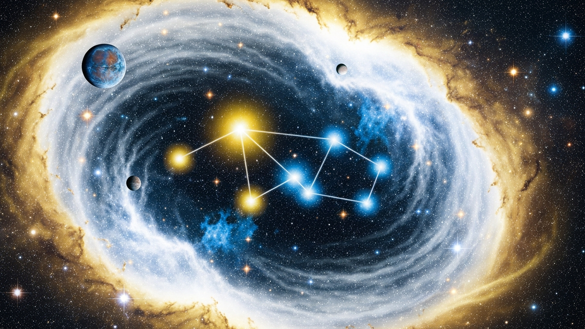 Gemini love horoscope with glowing twins constellation in gold and electric blue cosmic scene