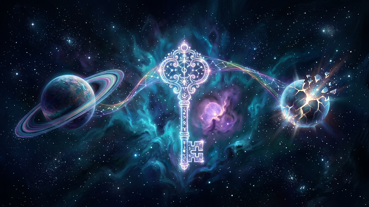 Cosmic key glyph suspended in deep navy starfield representing chiron in astrology and the wounded healer bridge
