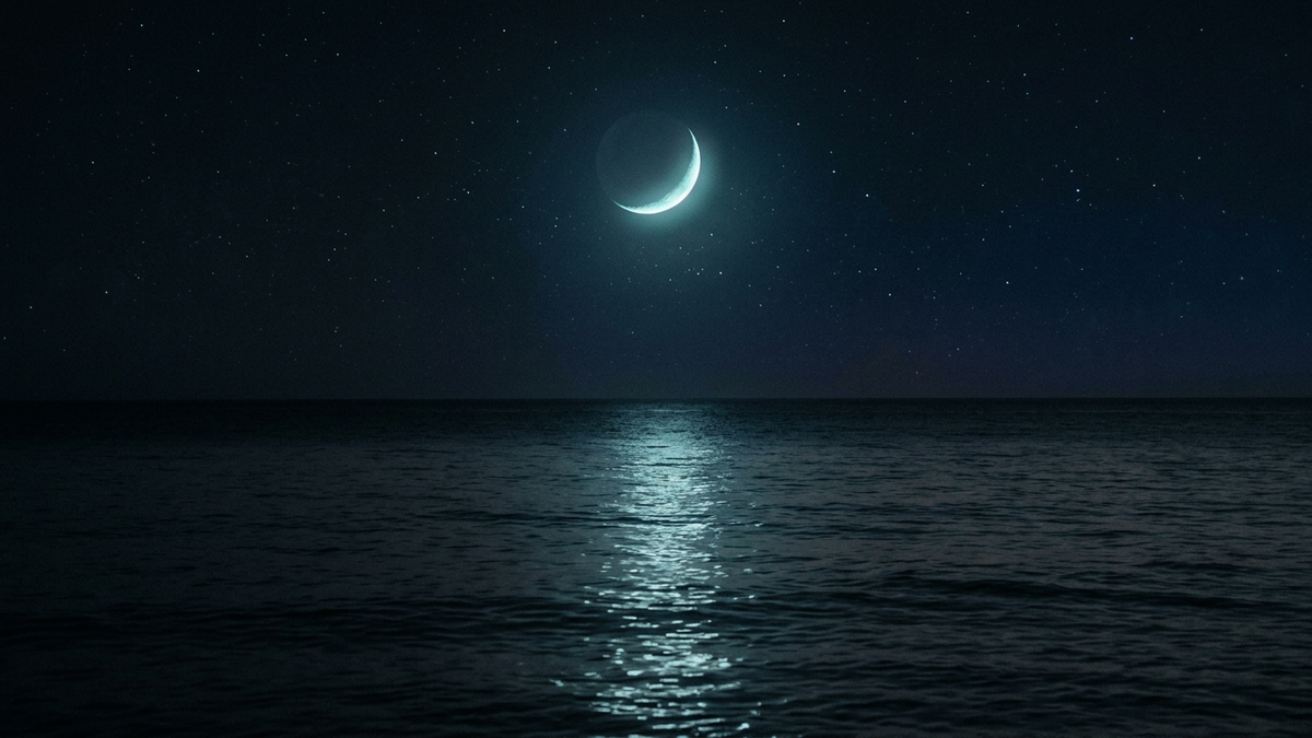 Crescent moon rising over a calm sea at night representing how to find your moon sign in astrology
