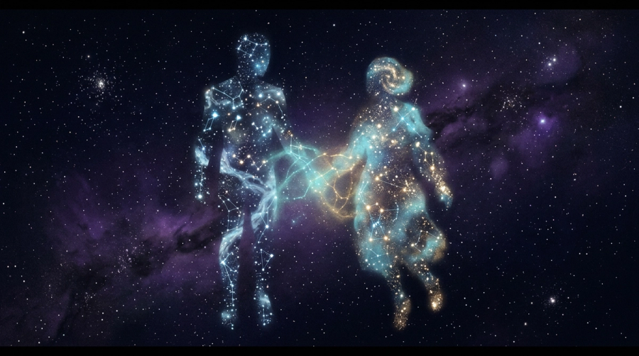 Two luminous starfield figures of different shapes overlapping in deep space representing real astrological compatibility between full charts