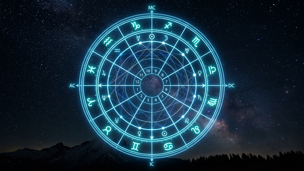 Glowing astrological birth chart wheel with twelve houses and zodiac glyphs over a starry sky