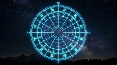 Glowing astrological birth chart wheel with twelve houses and zodiac glyphs over a starry sky