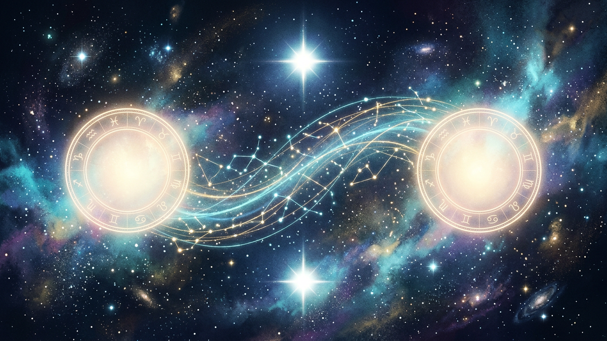 Two glowing birth dates linked by constellation lines and twin stars symbolizing the birthdays of soulmates in astrology