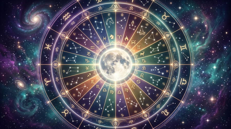 The 27 Vedic nakshatras arranged in a wheel around the Moon showing lunar mansions unique to Vedic astrology