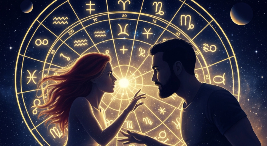 Натальная карта с символами зодиака и силуэты пары в космическом свете