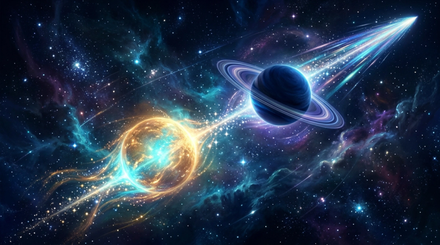 Two cosmic orbs balanced along a rising comet trail, symbolizing timing opportunity and discipline for success