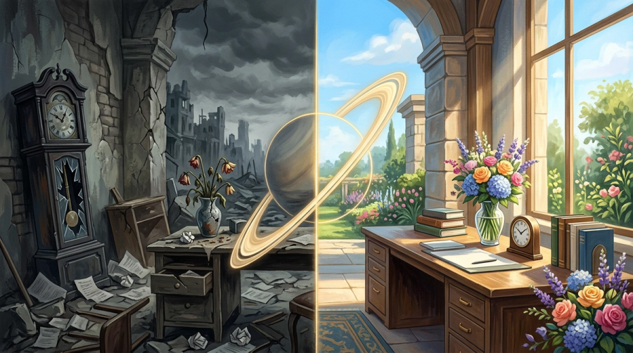 Before and after Saturn return transformation showing chaos becoming order