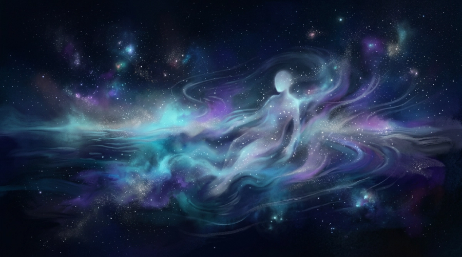 A solitary luminous figure adrift in cosmic mist where the boundary between water and stars is dissolving