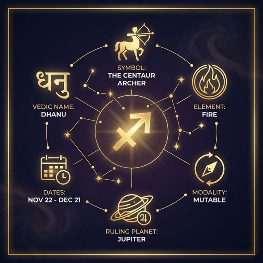 Sagittarius zodiac infographic showing the Archer symbol, Jupiter rulership, and key Sagittarian personality traits