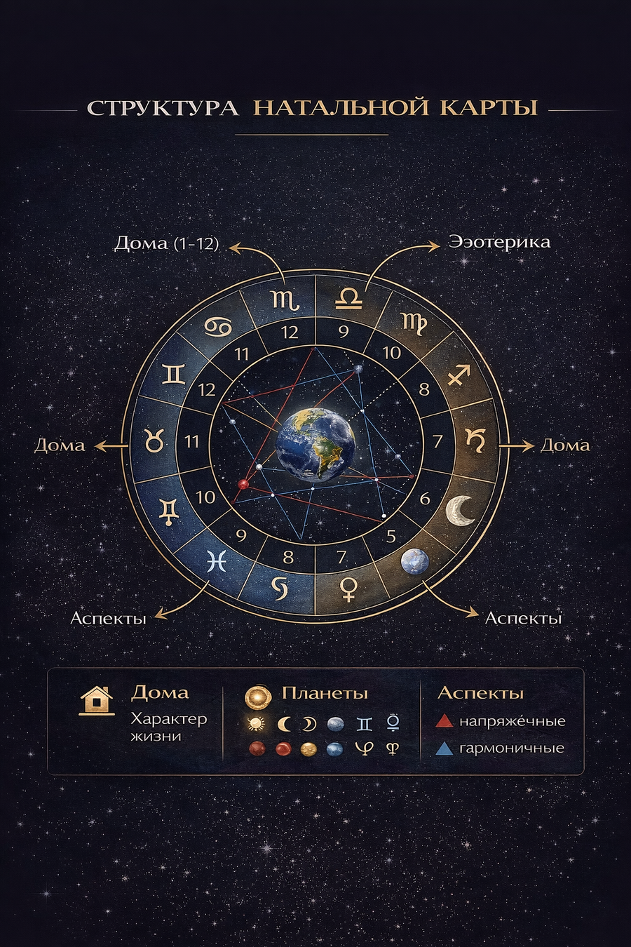 Инфографика: схема натальной карты с 12 домами, планетами и аспектами с пояснениями