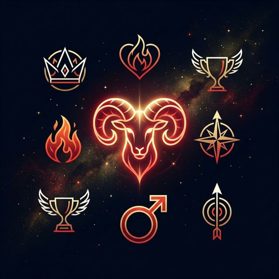 Aries man personality traits infographic showing Mars rulership, fire element, cardinal quality, and core characteristics like leadership and courage