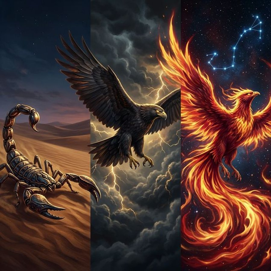 Scorpio evolution stages showing scorpion in desert, eagle soaring through storms, and phoenix rising in crimson and gold flames with the Scorpio constellation