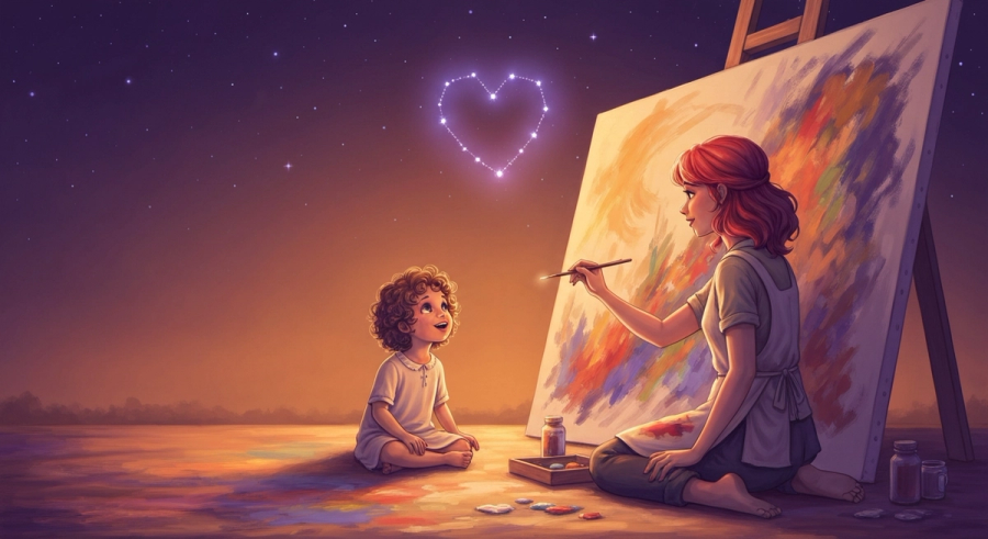Person painting on canvas under starlight with child watching in wonder and heart constellation above