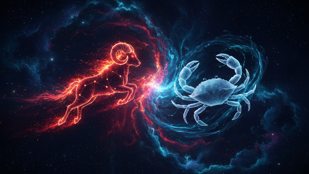 Ram and crab constellations meeting above an indigo sea for Aries Cancer compatibility