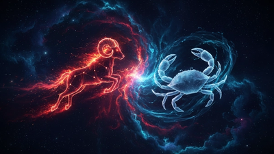 Ram and crab constellations meeting above an indigo sea for Aries Cancer compatibility