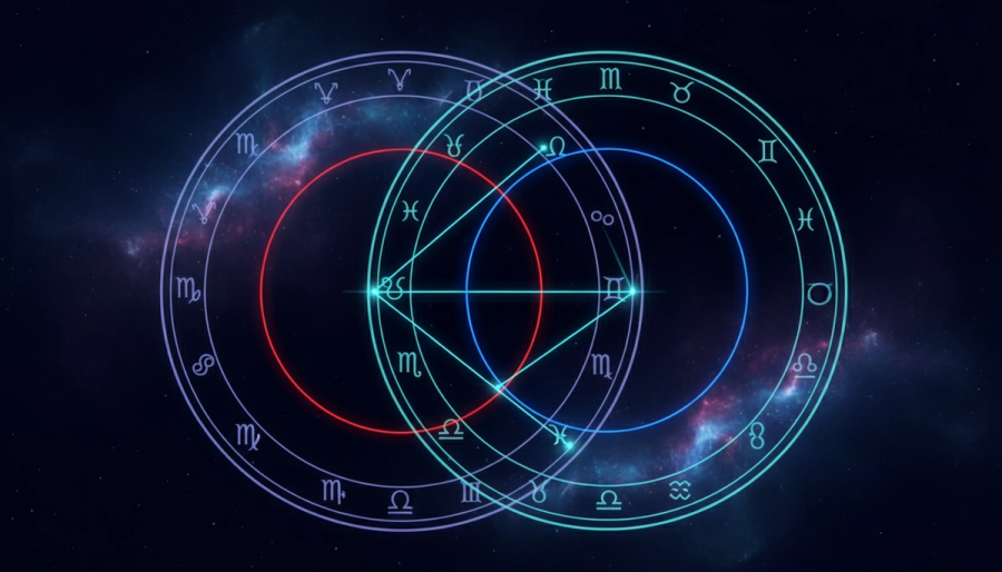Overlapping natal charts linked by Mars and Mercury orbit lines