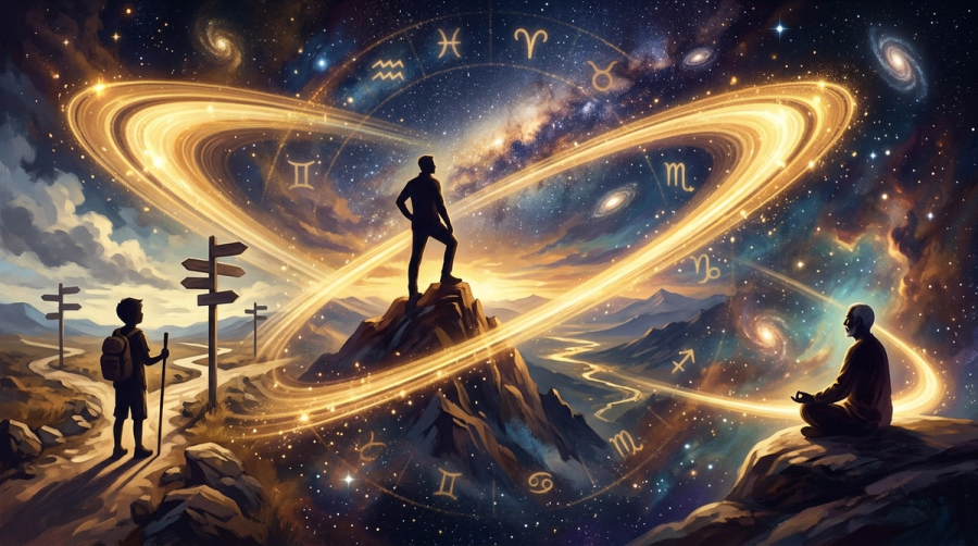 Three life stages connected by golden Saturn orbital path showing youth, maturity, and wisdom