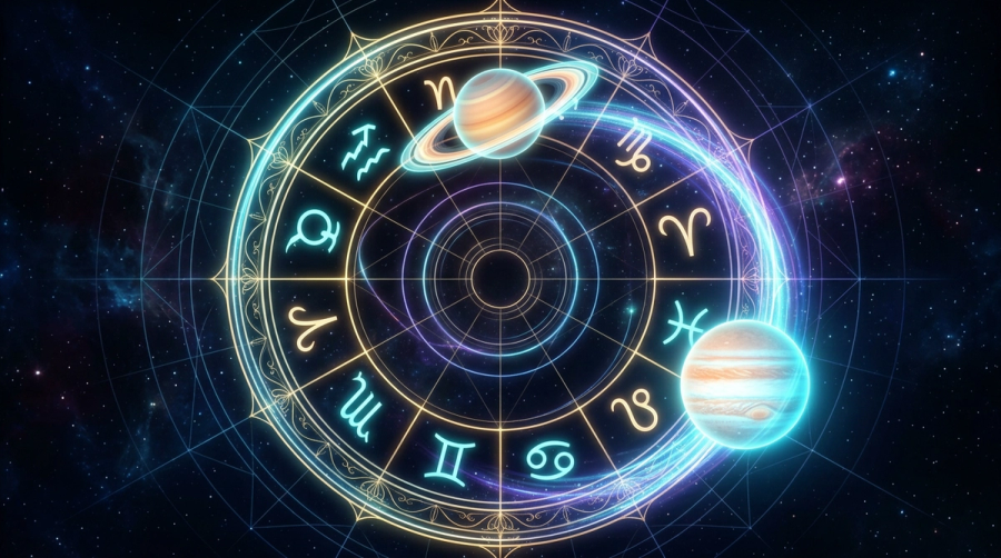 A luminous zodiac wheel with Saturn and Jupiter marking a favorable marriage-timing season